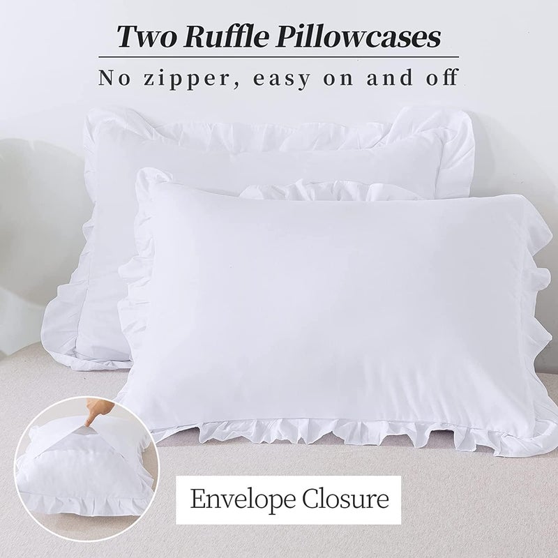KASTWAVE Ruffle Edge Pillow Shams for Full/Queen Size Bed, Decorative Cotton Pillow Covers with Envelope Closure, Cozy Bedroom Decor (White, Set of 2, 48 * 74cm) - Image 1