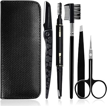 Gibot Stainless Steel Eyebrow Grooming Kit 5pcs Set with Tweezers Scissors Brush Comb Pencil Razor and Travel Case for Women and Men Black - Image 1