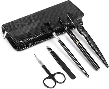 Gibot Stainless Steel Eyebrow Grooming Kit 5pcs Set with Tweezers Scissors Brush Comb Pencil Razor and Travel Case for Women and Men Black - Image 3