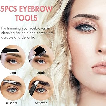 Gibot Stainless Steel Eyebrow Grooming Kit 5pcs Set with Tweezers Scissors Brush Comb Pencil Razor and Travel Case for Women and Men Black - Image 2