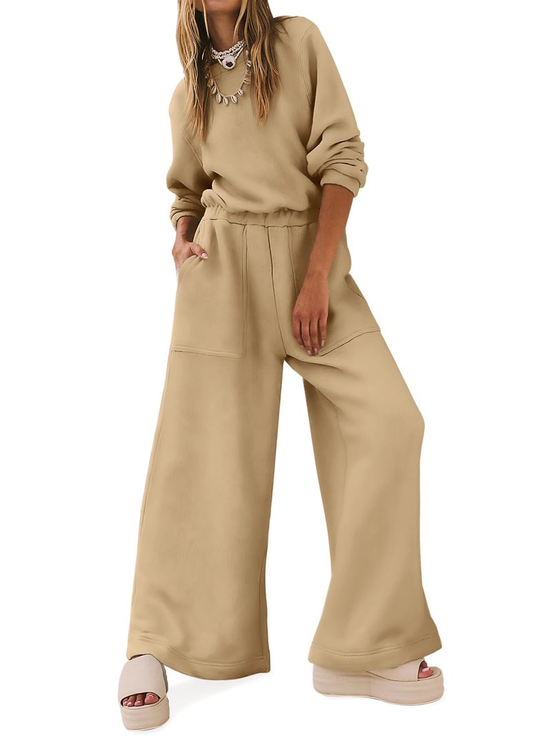 Yousify Wide Leg Pants Business Casual Rompers Backless Long Sleeve Jumpsuit Light One-Piece Khaki L - Image 1