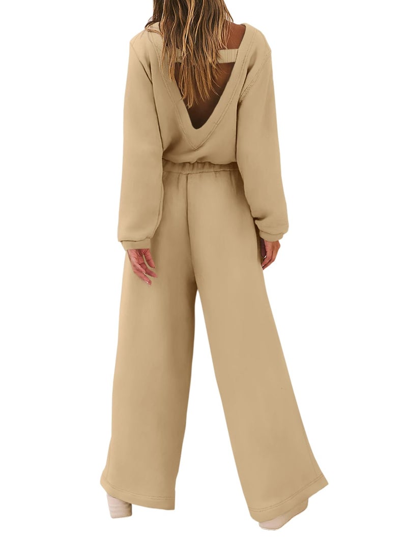 Yousify Wide Leg Pants Business Casual Rompers Backless Long Sleeve Jumpsuit Light One-Piece Khaki L - Image 2