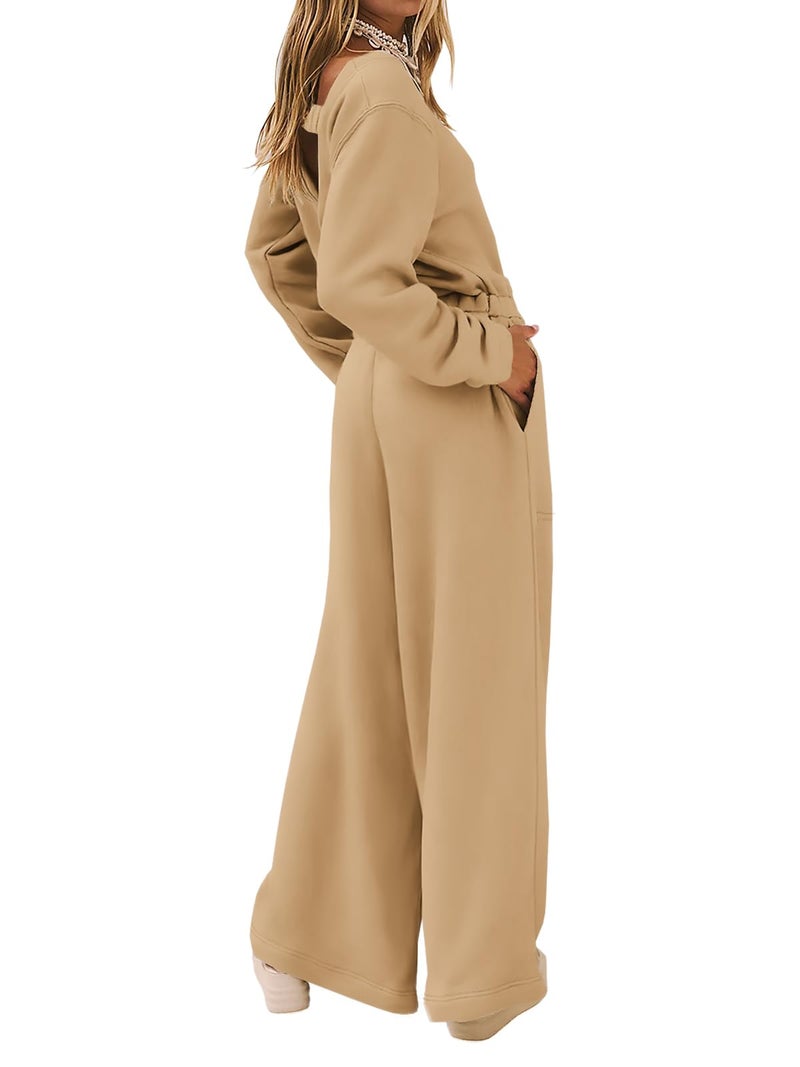 Yousify Wide Leg Pants Business Casual Rompers Backless Long Sleeve Jumpsuit Light One-Piece Khaki L - Image 3