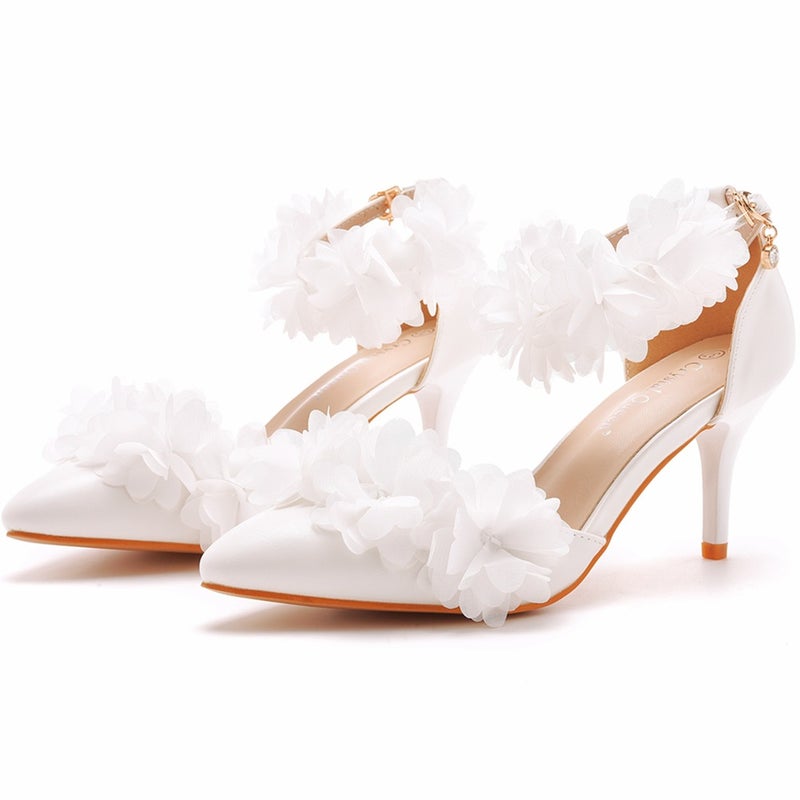 7Cm White Flower High Heel Pointed-Toe Sandals One-Line Wristlet Bride'S Hollow Thin Heel Pointed-Toe Wedding Sandals - Image 3