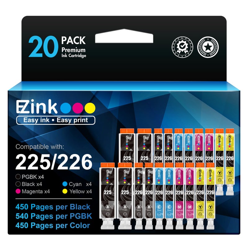 E-Z Ink خراطيش حبر متوافقة E-Z Ink بديلة لكانون PGI-225 CLI-226 PGI225 CLI226 للاستخدام مع MG6220 MG6120 MG5320 MX882 MX892 (4 أسود كبير، 4 أزرق، 4 أرجواني، 4 أصفر، 4 أسود صغير) 20 عبوة - Image 1