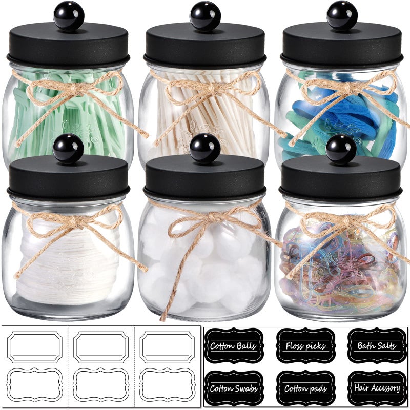 SheeChung 6 Pack Qtip Holders with Labels Bathroom Organizers and Storage Bathroom Decor Apothecary Jars with Lids Small Mason Jars for Qtips Cottons Floss Balls Cotton SwabsBlack