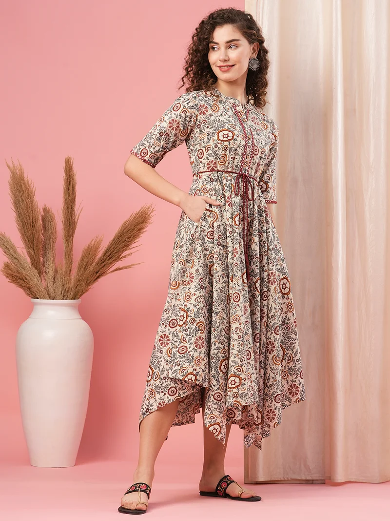 globus Globus Women Floral Printed Tie Up A Line Midi Dress