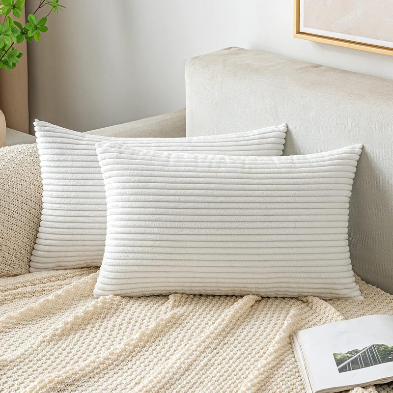 EMEMA Cushion Cover 40 x 60 cm Christmas Corduroy Cushion Covers Decorative Cushion Sofa Cushion Corduroy Decorative Soft for Sofa Living Room Bedroom Set of 2 Pure White - Image 1