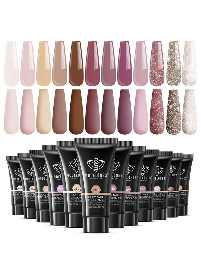 modelones Poly Extension Gel Kit For Nail 12 Colors Pink Nude Tones Poly Nail Gel Set Builder Nail Extension Gel Glitter Fall Winter Gentle Colors French Manicure Diy Design Nail Art - Image 2