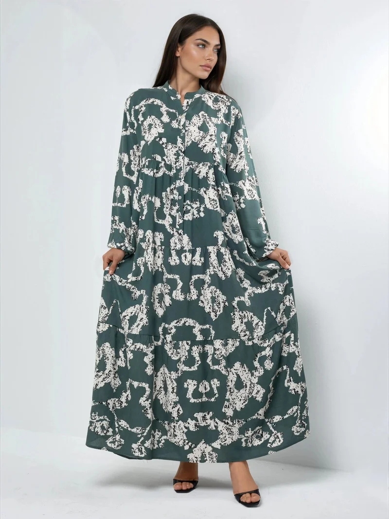 هيكاب V-Neck Patterned Maxi Dress with Buttons