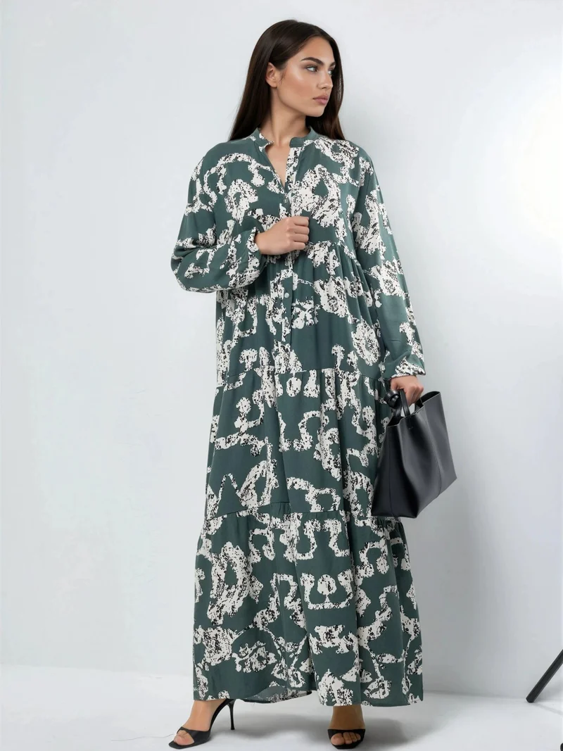 هيكاب V-Neck Patterned Maxi Dress with Buttons