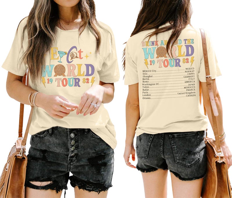 MYHALF Around The World Shirt Women Magic World Tour 1982 Graphic Tee Funny Traveler Vacation Short Sleeve Top Beige - Image 2