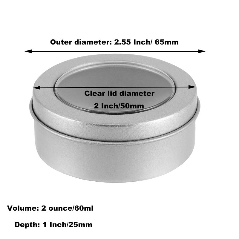 SHEUTSAN 48 Pack 2 OZ Metal Tins Cans  Round Empty Container Cans with Clear Window Top  Round Tin Container Bottle for Cosmetics  Lip Balm  Cream  Crafts  Wedding Party  Silver - Image 2