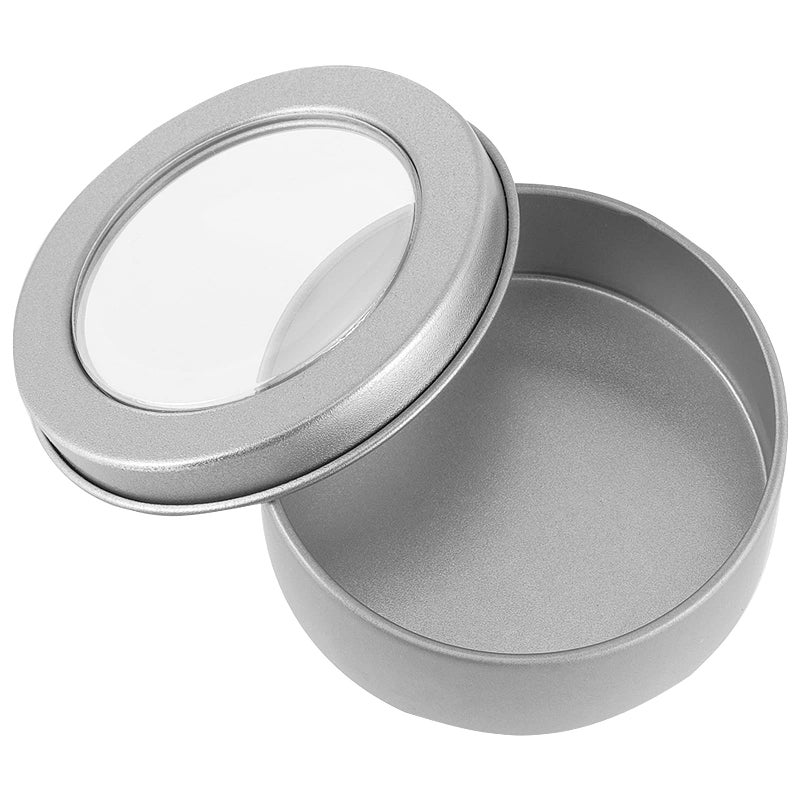 SHEUTSAN 48 Pack 2 OZ Metal Tins Cans  Round Empty Container Cans with Clear Window Top  Round Tin Container Bottle for Cosmetics  Lip Balm  Cream  Crafts  Wedding Party  Silver - Image 3