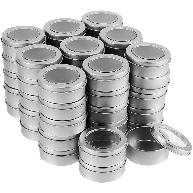 SHEUTSAN 48 Pack 2 OZ Metal Tins Cans  Round Empty Container Cans with Clear Window Top  Round Tin Container Bottle for Cosmetics  Lip Balm  Cream  Crafts  Wedding Party  Silver - Image 1
