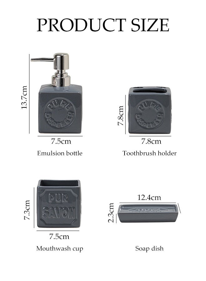 DUNISO 4 Pcs Bathroom Accessories Set，Toiletries Gift Set，Ceramic Bath Set，Including Lotion Bottle, Toothbrush Holder, Mouthwash Cup and Soap Dish，Can Be Used As Bathroom Decoration and Gift Giving，Grey - Image 2