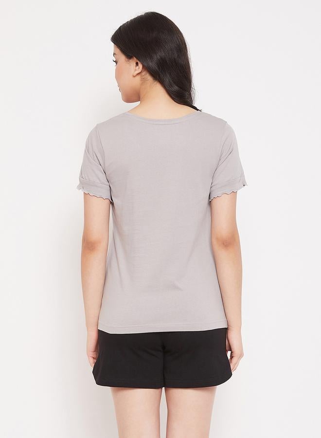 Clovia Women Grey Owl Print T-Shirt and Shorts Set - Image 5