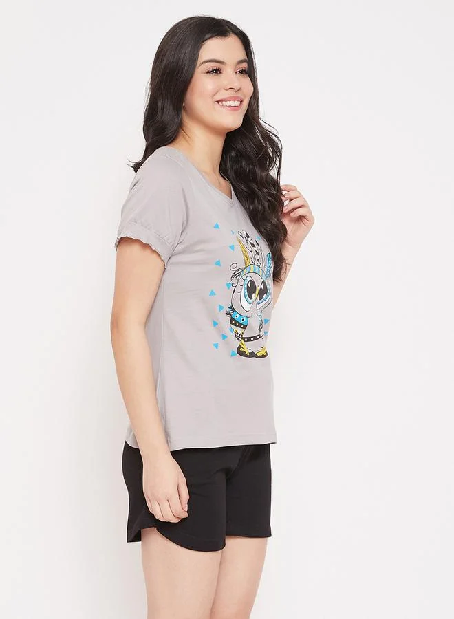 Clovia Clovia Women's Grey Owl Print Top & Black Shorts Nightwear Set