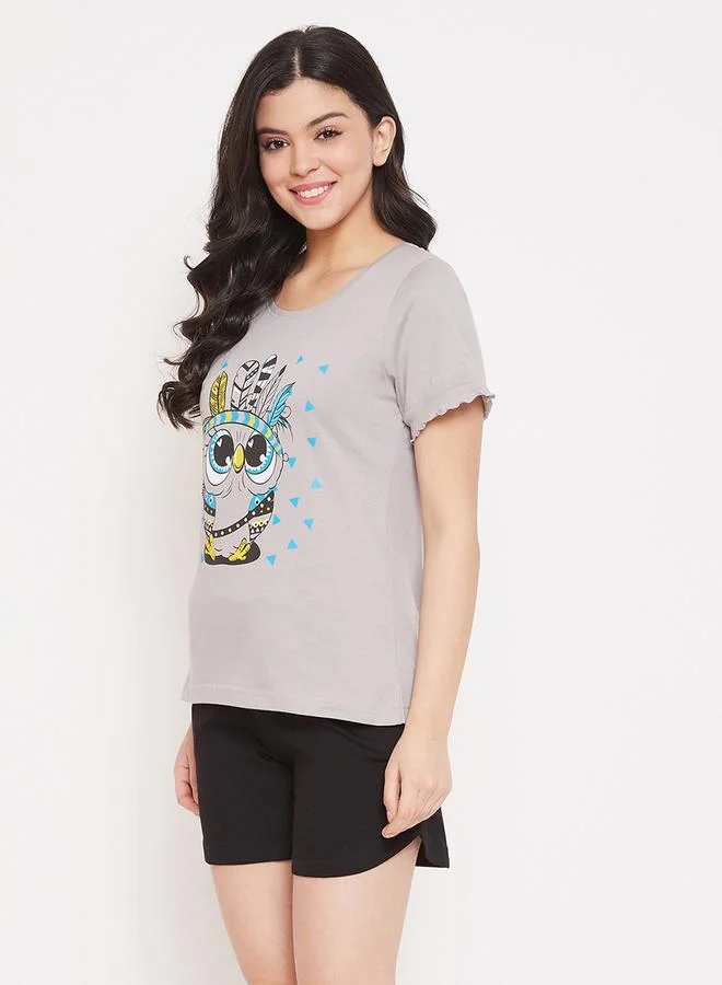 Clovia Clovia Women's Grey Owl Print Top & Black Shorts Nightwear Set
