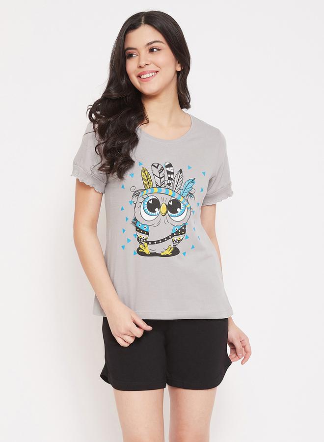 Clovia Women Grey Owl Print T-Shirt and Shorts Set - Image 2