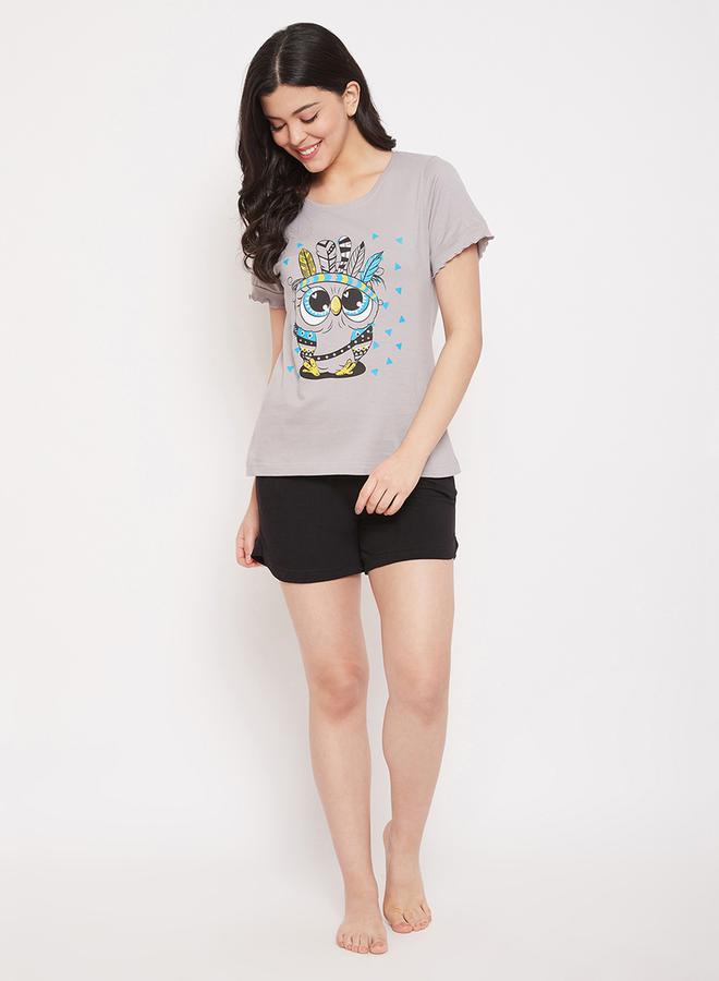 Clovia Women Grey Owl Print T-Shirt and Shorts Set - Image 1