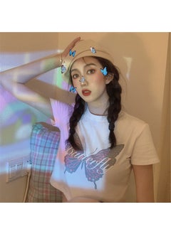 Summer 2024 Korean Style Butterfly Print White Short Sleeve T-Shirt Womens Slim Fit Top Milk Silk Polyester Animal Pattern round Neck White