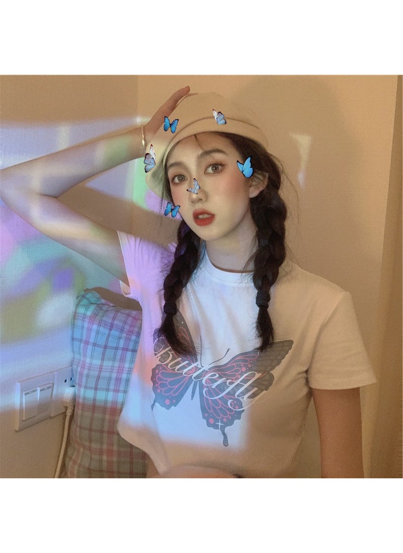 Generic - Summer 2024 Korean Style Butterfly Print White Short Sleeve T-Shirt Womens Slim Fit Top Milk Silk Polyester Animal Pattern round Neck White - Image 1