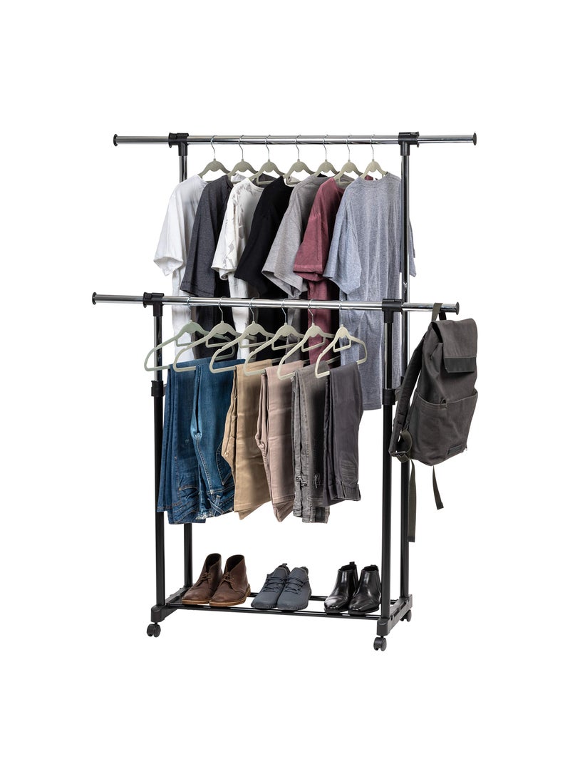 IRIS IRIS USA Portable DoubleRod Height Adjustable Clothes Rack with Extendable Bar and Lockable Wheels Rolling Garment Double Rod Wardrobe Rack Easy Assemble for Clothes Belts Shoes and Bags 