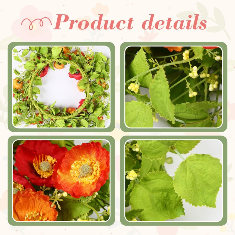 YNYLCHMX 18" Spring Summer Wreaths for Front Door, Artificial Floral Wreath with Poppy Flowers Green Tea Leaves, Green Foliage Wreath for Wall Window Farmhouse Party Holiday Home Decor - Image 4