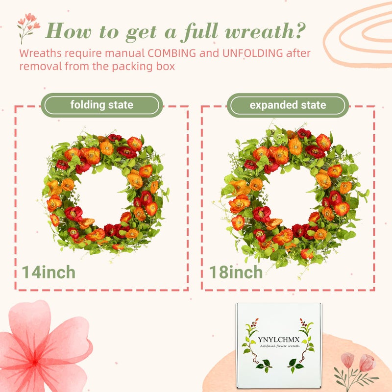 YNYLCHMX 18" Spring Summer Wreaths for Front Door, Artificial Floral Wreath with Poppy Flowers Green Tea Leaves, Green Foliage Wreath for Wall Window Farmhouse Party Holiday Home Decor - Image 3