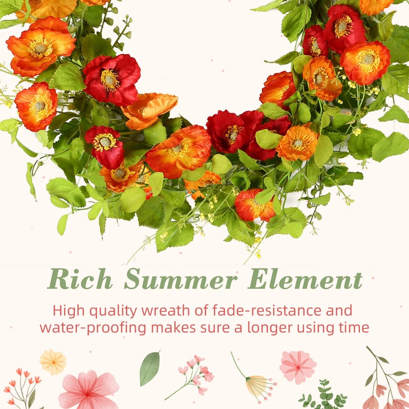 YNYLCHMX 18" Spring Summer Wreaths for Front Door, Artificial Floral Wreath with Poppy Flowers Green Tea Leaves, Green Foliage Wreath for Wall Window Farmhouse Party Holiday Home Decor - Image 5