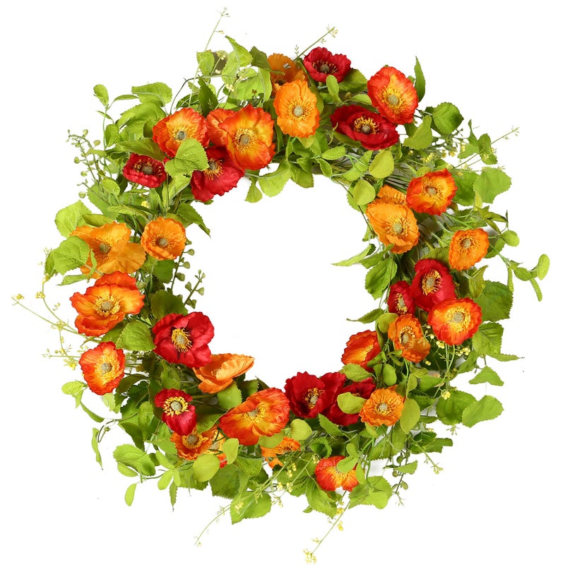 YNYLCHMX 18" Spring Summer Wreaths for Front Door, Artificial Floral Wreath with Poppy Flowers Green Tea Leaves, Green Foliage Wreath for Wall Window Farmhouse Party Holiday Home Decor - Image 1
