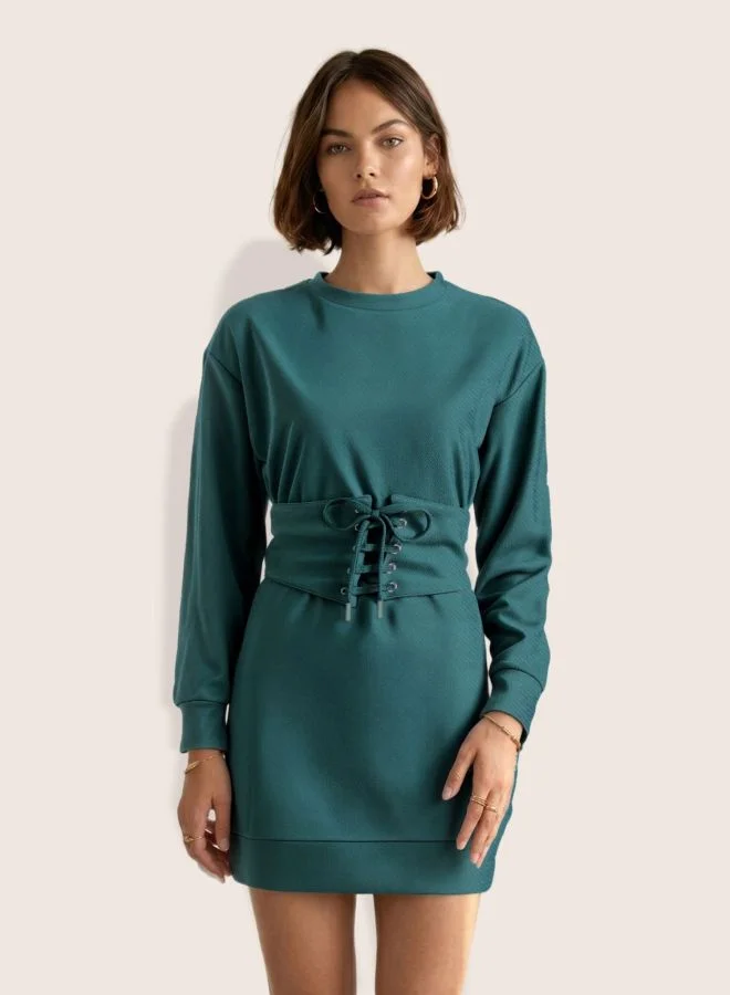Women Relaxed Fit Solid Crew Neck Long Sleeve Sweat Dress
