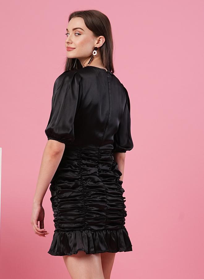 Globus Women Black Solid Satin Puff Sleeves Ruched Sheath Mini Dress - Image 3