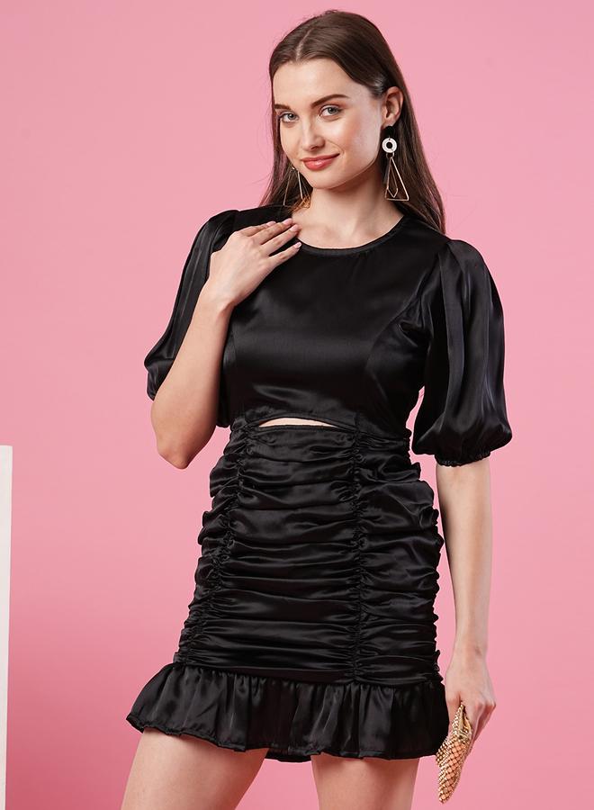 Globus Women Black Solid Satin Puff Sleeves Ruched Sheath Mini Dress - Image 1