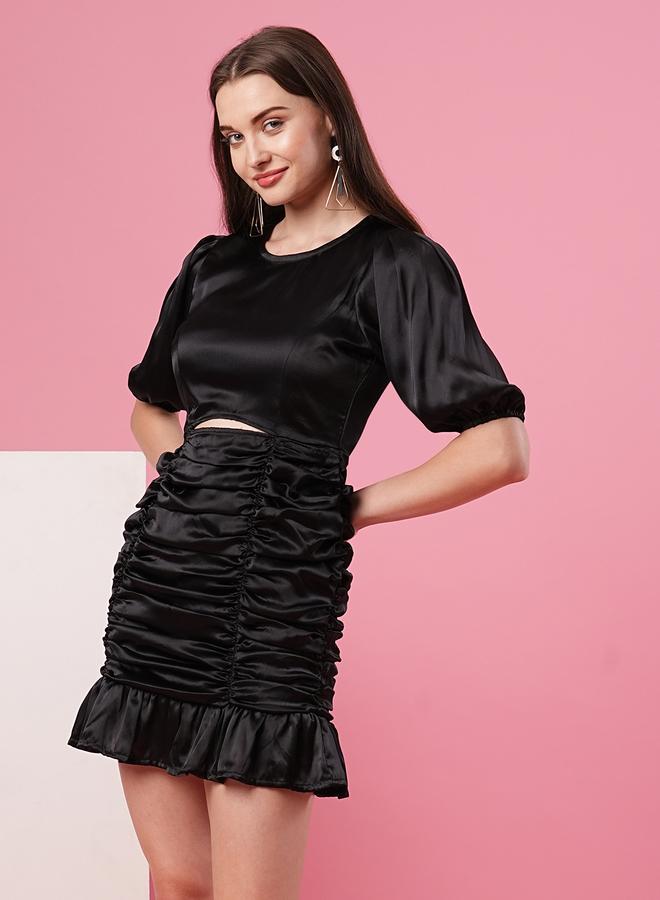 Globus Women Black Solid Satin Puff Sleeves Ruched Sheath Mini Dress - Image 2
