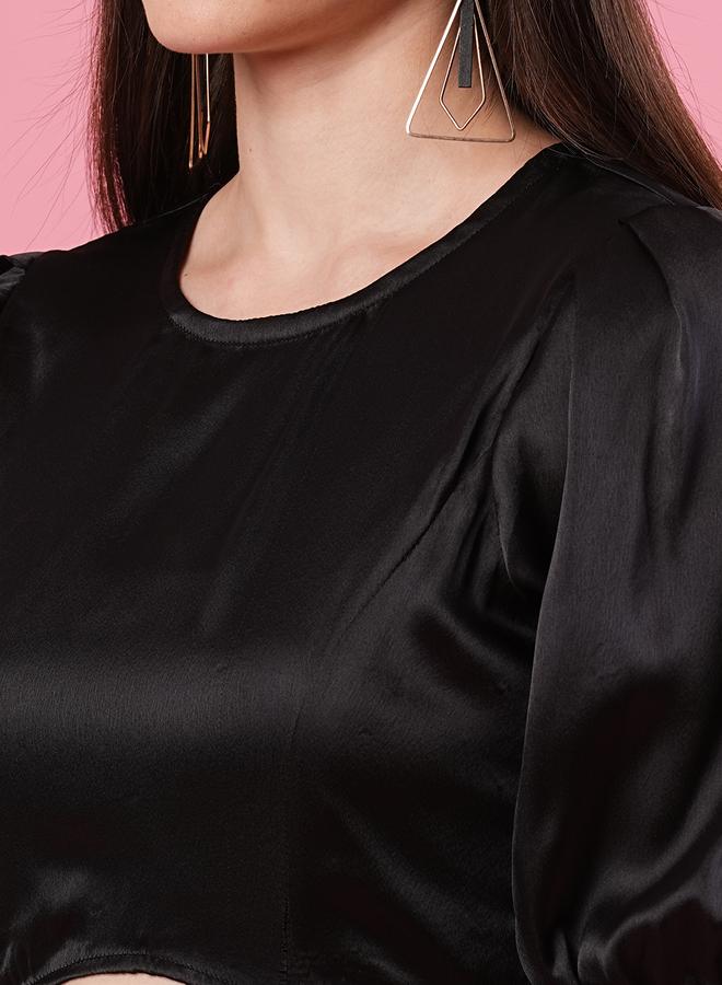 Globus Women Black Solid Satin Puff Sleeves Ruched Sheath Mini Dress - Image 4