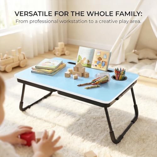 BUYIFY Foldable Laptop Bed Desk for Couch, Sofa - Large Lap Desk Tray Table with Cup Holder and Tablet Slot - Portable Notebook Stand for Eating, Writing, Studying and WFH (Blue) - Image 5