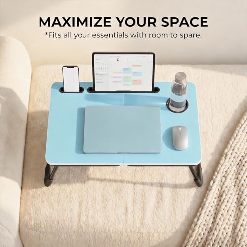 BUYIFY Foldable Laptop Bed Desk for Couch, Sofa - Large Lap Desk Tray Table with Cup Holder and Tablet Slot - Portable Notebook Stand for Eating, Writing, Studying and WFH (Blue) - Image 3