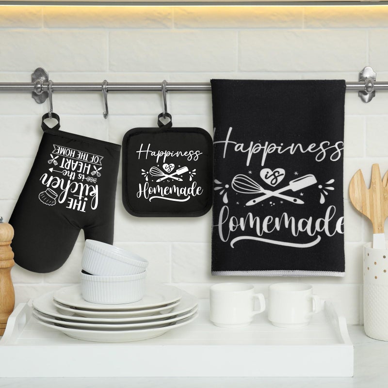 Sratte 6 Pcs Kitchen Decor Accessories Set Farmhouse Towels Pot Holders Oven Mitts Set 2 Dish Towels 2 Potholders 2 Cooking Mittens Oven Glove for Christmas Baking Cooking Supply(Black,Kitchen) - Image 2
