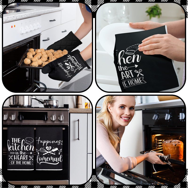 Sratte 6 Pcs Kitchen Decor Accessories Set Farmhouse Towels Pot Holders Oven Mitts Set 2 Dish Towels 2 Potholders 2 Cooking Mittens Oven Glove for Christmas Baking Cooking Supply(Black,Kitchen) - Image 4