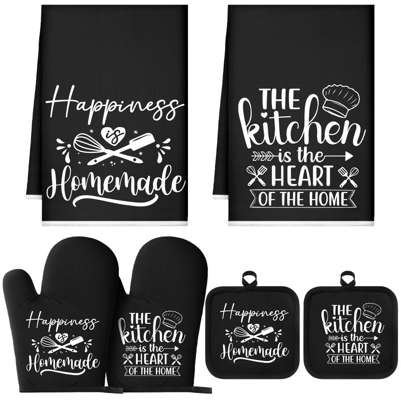 Sratte 6 Pcs Kitchen Decor Accessories Set Farmhouse Towels Pot Holders Oven Mitts Set 2 Dish Towels 2 Potholders 2 Cooking Mittens Oven Glove for Christmas Baking Cooking Supply(Black,Kitchen) - Image 1