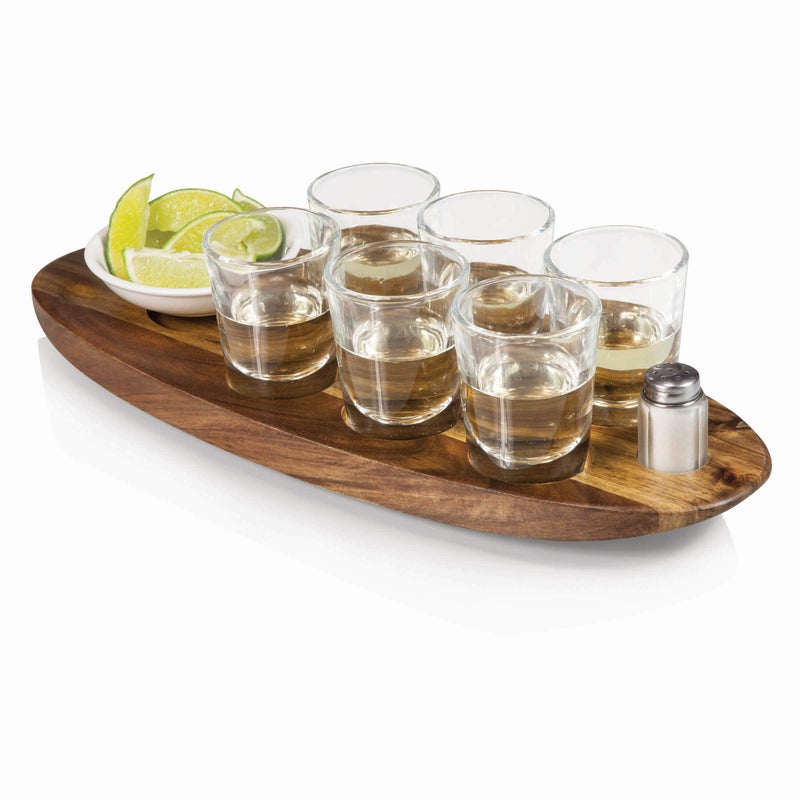 PICNIC TIME LEGACY  a Picnic Time brand  Cantinero Shot Glass Set with Tray  Tequilla Shot Glasses  Cocktail Serving Tray Acacia Wood 