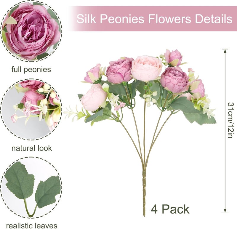SOMYTING Artificial Flowers, Faux Peony Bouquet 4 Bundles Silk Peonies Bouquets Fake Peonies for Wedding Party Centerpiece Table Home Decor (Mixed Pink) - Image 2