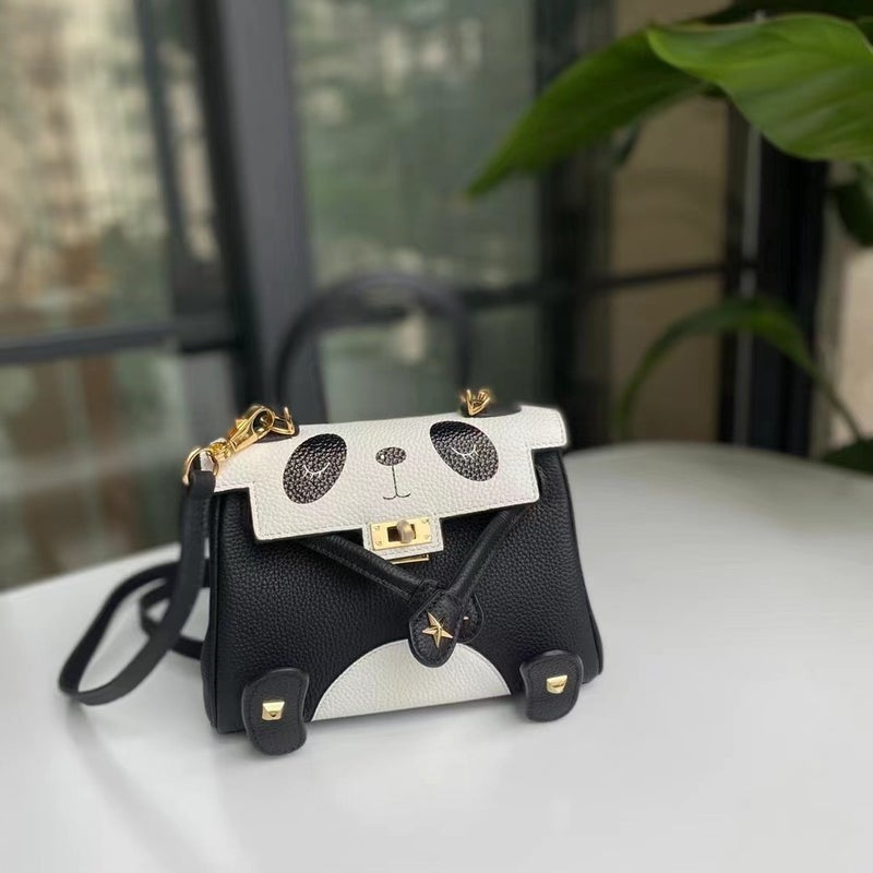 First Layer Cowhide Spoof Cartoon Smiley Face Graffiti Kelly Bag Panda Bag Leather Portable Messenger Bag - Image 5