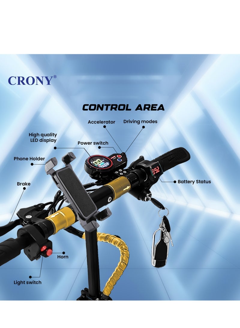 Crony سكوتر كهربائي V10+Pro 1500W، 48V/13Ah، إطارات 10" للطرق الوعرة، سرعة قصوى 45-68 كم/ساعة، تعليق مزدوج/فرامل قرص هيدروليكية، حمولة 120 كجم، إطار ألمنيوم 23 كجم، مصابيح LED ثلاثية، محرك بدون فرش، قابل للطي وسهل الحمل، متصل بتطبيق موبايل، مكبر صوت بلوتوث، حامل هاتف – سكوتر كهربائي حضري لجميع التضاريس للبالغين والأطفال - Image 5