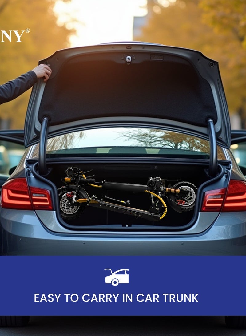 Crony سكوتر كهربائي V10+Pro 1500W، 48V/13Ah، إطارات 10" للطرق الوعرة، سرعة قصوى 45-68 كم/ساعة، تعليق مزدوج/فرامل قرص هيدروليكية، حمولة 120 كجم، إطار ألمنيوم 23 كجم، مصابيح LED ثلاثية، محرك بدون فرش، قابل للطي وسهل الحمل، متصل بتطبيق موبايل، مكبر صوت بلوتوث، حامل هاتف – سكوتر كهربائي حضري لجميع التضاريس للبالغين والأطفال - Image 3