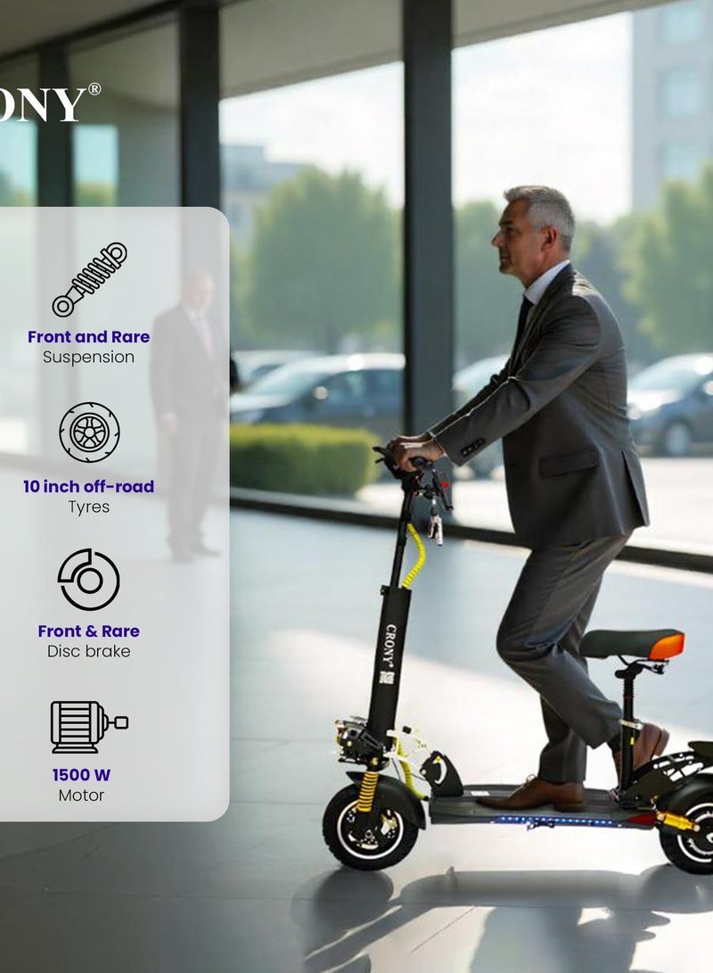 Crony سكوتر كهربائي V10+Pro 1500W، 48V/13Ah، إطارات 10" للطرق الوعرة، سرعة قصوى 45-68 كم/ساعة، تعليق مزدوج/فرامل قرص هيدروليكية، حمولة 120 كجم، إطار ألمنيوم 23 كجم، مصابيح LED ثلاثية، محرك بدون فرش، قابل للطي وسهل الحمل، متصل بتطبيق موبايل، مكبر صوت بلوتوث، حامل هاتف – سكوتر كهربائي حضري لجميع التضاريس للبالغين والأطفال - Image 2