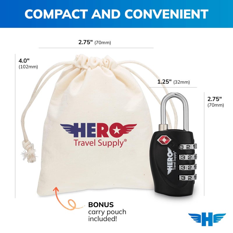 Hero Travel Supply قفل حقائب السفر من هيرو (عبوة من 2) معتمد من TSA، قفل برقم سري مكون من 4 أرقام للسفر، الحقائب، الخزائن، حقائب الظهر - Image 4