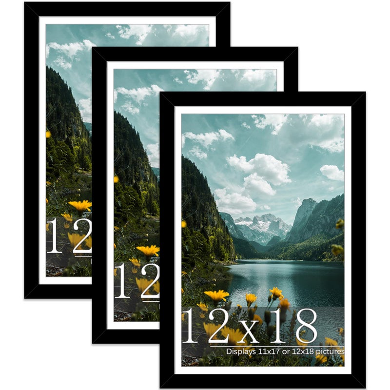 Picrit 12x18 Picture Frame 3 Pack Black Poster Frame Display Poster 11 x 17 with Mat or 12 x 18 without Mat for Horizontal or Vertical Wall Mounting